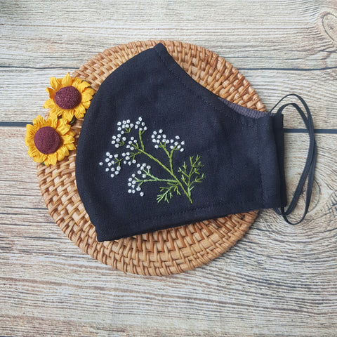 Handmade Embroidery Fabric Face Mask Black with Filter Pocket (for Adults) Reusable