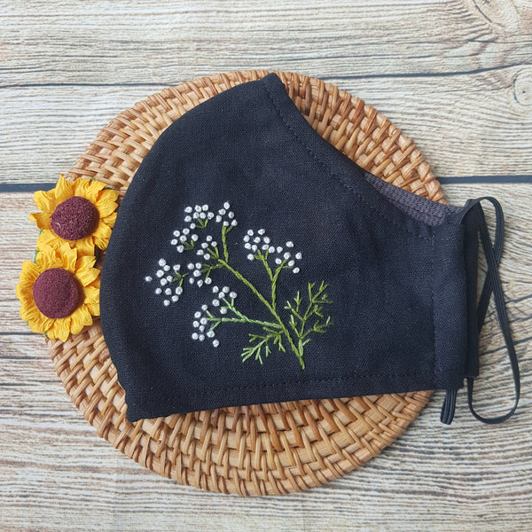 Handmade Embroidery Fabric Face Mask Black with Filter Pocket (for Adults) Reusable