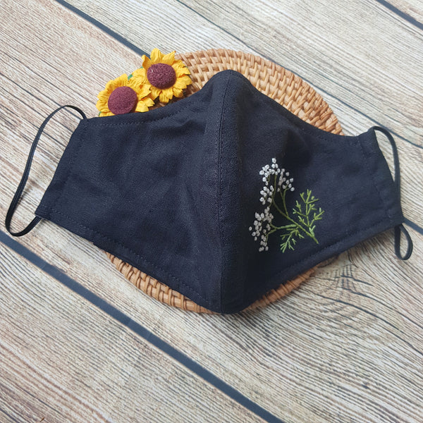 Handmade Embroidery Fabric Face Mask Black with Filter Pocket (for Adults) Reusable