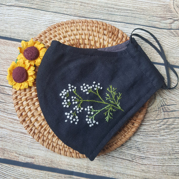 Handmade Embroidery Fabric Face Mask Black with Filter Pocket (for Adults) Reusable