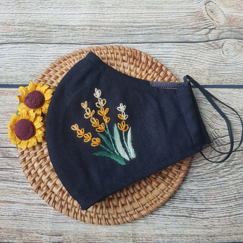 Handmade Embroidery Fabric Face Mask Black with Filter Pocket (for Adults) Reusable