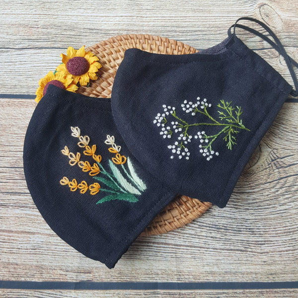 Handmade Embroidery Fabric Face Mask Black with Filter Pocket (for Adults) Reusable