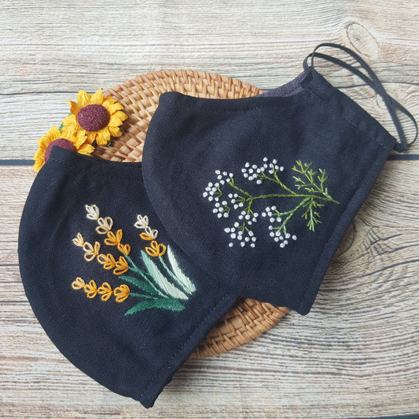 Handmade Embroidery Fabric Face Mask Black with Filter Pocket (for Adults) Reusable