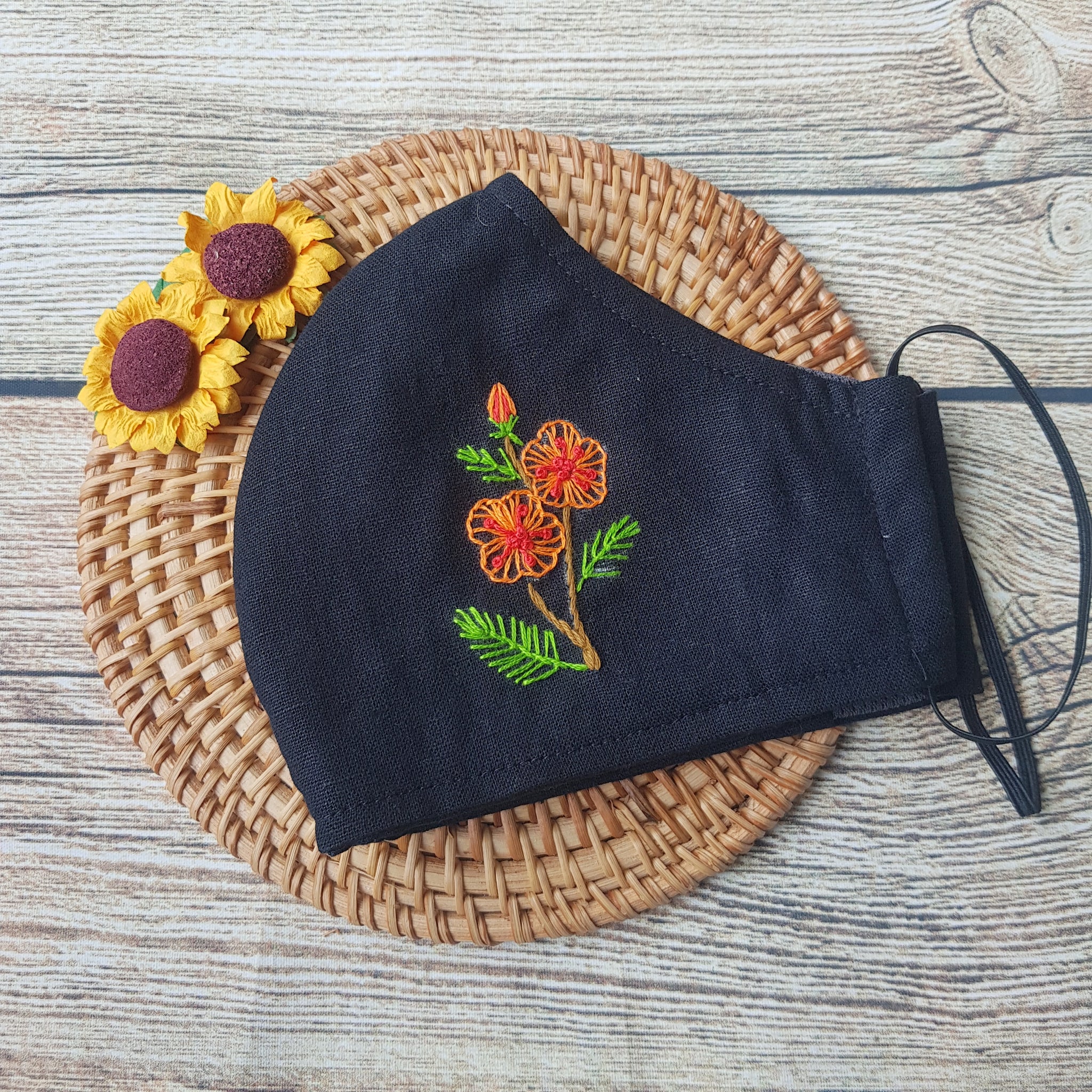 Handmade Embroidery Fabric Face Mask Black with Filter Pocket (for Adults) Reusable