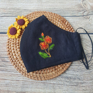 Handmade Embroidery Fabric Face Mask Black with Filter Pocket (for Adults) Reusable