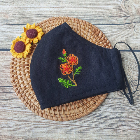 Handmade Embroidery Fabric Face Mask Black with Filter Pocket (for Adults) Reusable