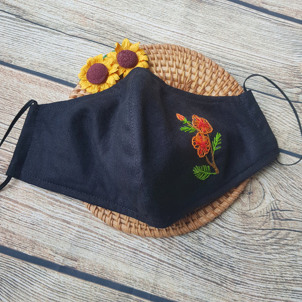 Handmade Embroidery Fabric Face Mask Black with Filter Pocket (for Adults) Reusable