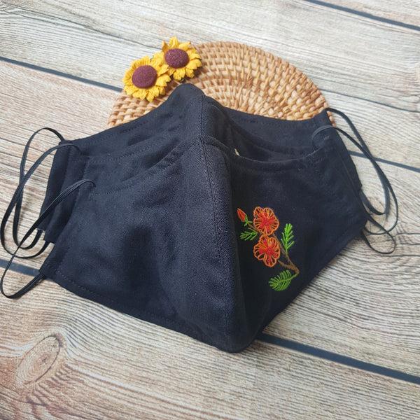 Handmade Embroidery Fabric Face Mask Black with Filter Pocket (for Adults) Reusable