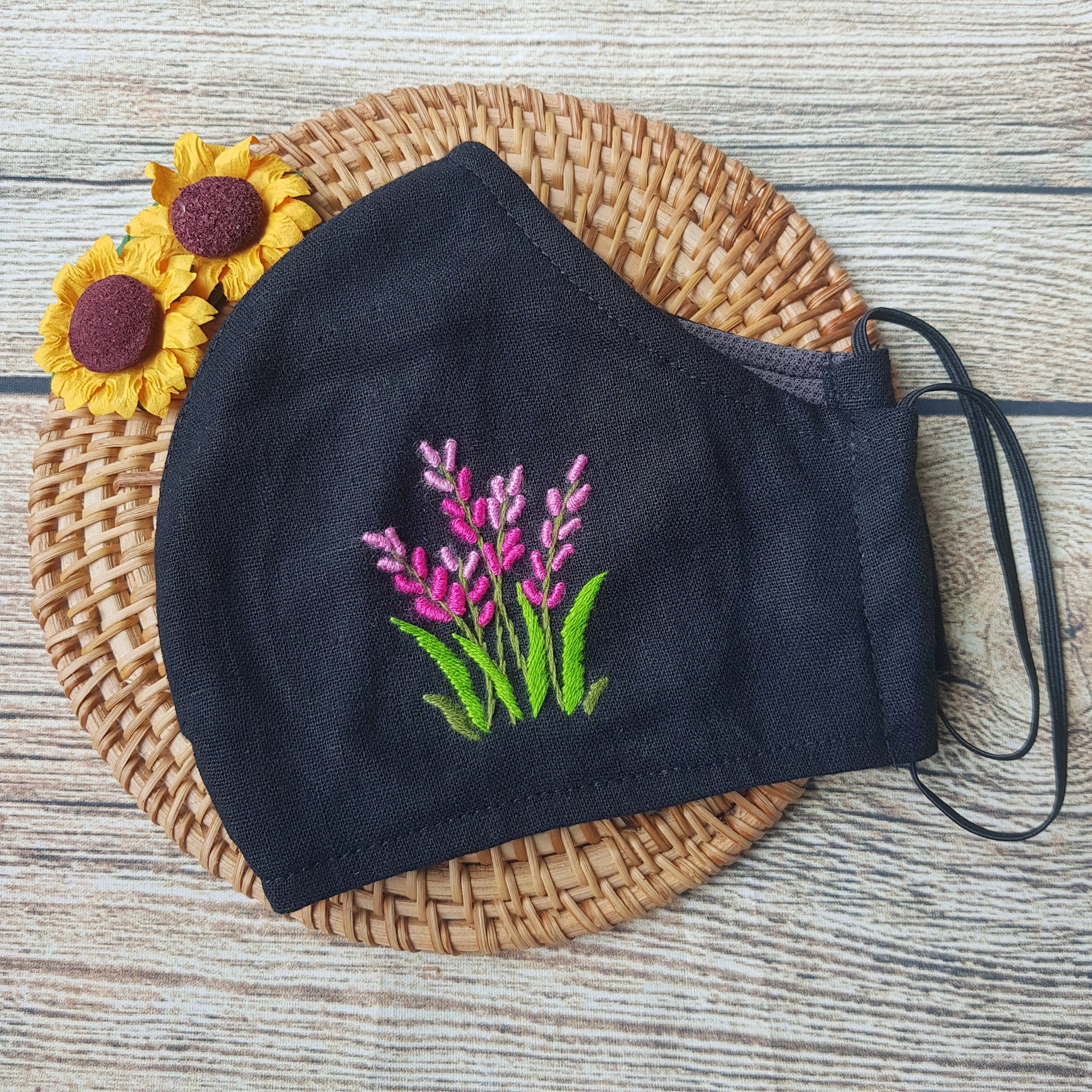 Handmade Embroidery Fabric Face Mask Black with Filter Pocket (for Adults) Reusable