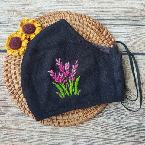 Handmade Embroidery Fabric Face Mask Black with Filter Pocket (for Adults) Reusable