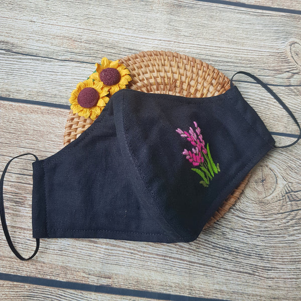 Handmade Embroidery Fabric Face Mask Black with Filter Pocket (for Adults) Reusable