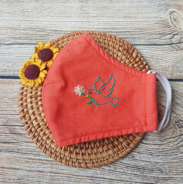 Handmade Embroidery Fabric Face Mask Orange with Filter Pocket (for Adults) Reusable