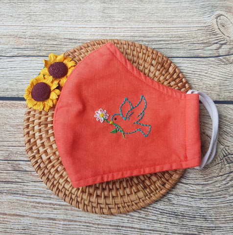 Handmade Embroidery Fabric Face Mask Orange with Filter Pocket (for Adults) Reusable