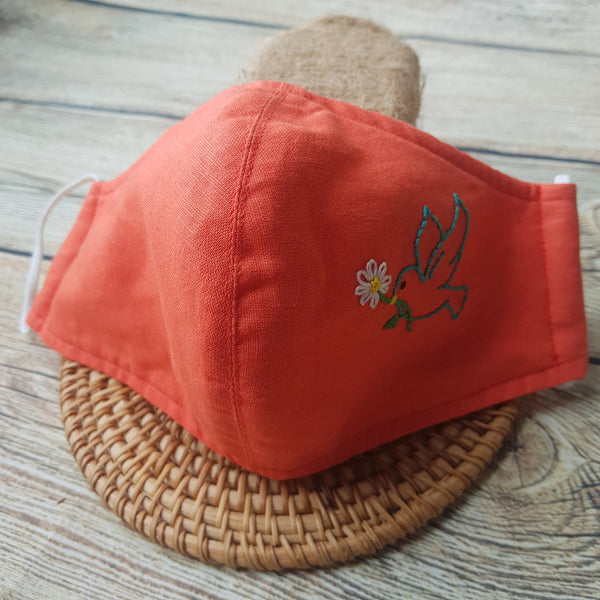Handmade Embroidery Fabric Face Mask Orange with Filter Pocket (for Adults) Reusable