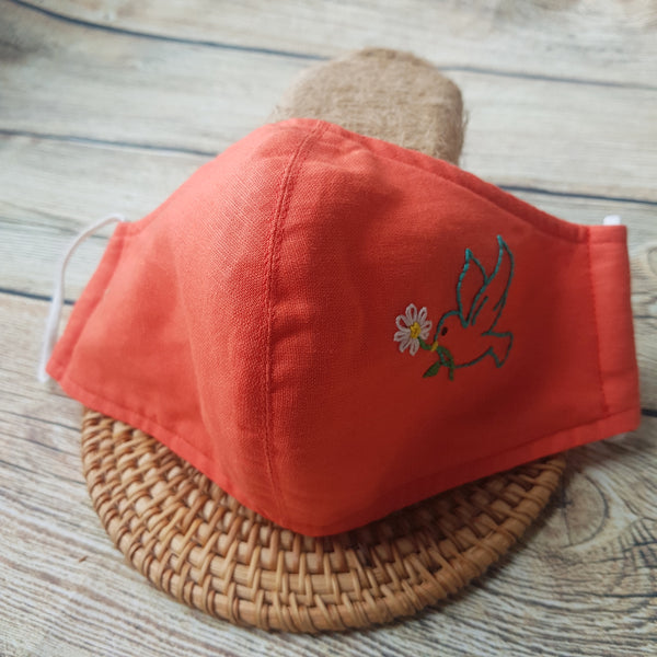 Handmade Embroidery Fabric Face Mask Orange with Filter Pocket (for Adults) Reusable