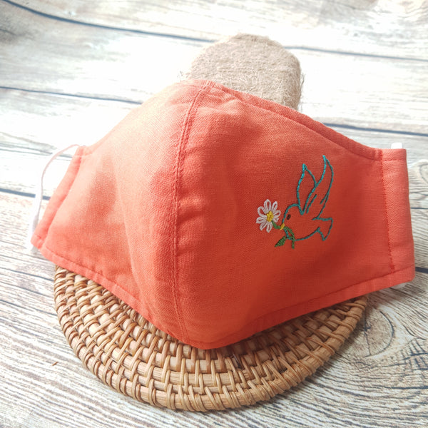 Handmade Embroidery Fabric Face Mask Orange with Filter Pocket (for Adults) Reusable