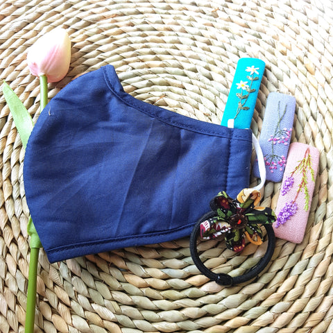 Handmade Embroidery Fabric Face Mask Navy with Filter Pocket (for Adults) Reusable