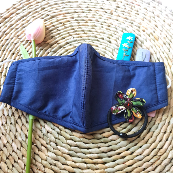 Handmade Embroidery Fabric Face Mask Navy with Filter Pocket (for Adults) Reusable