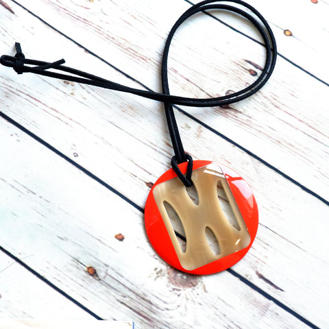Handmade Natural Horn and Lacquer Orange and Light Brown Round with H Luxury and Unique