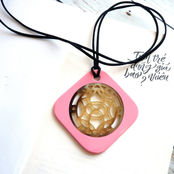 Handmade Natural Horn and Lacquer Yellow and Pink Rhombus Luxury and Unique