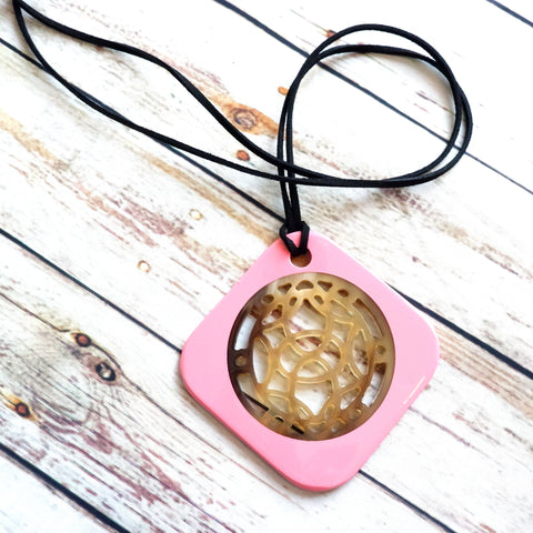 Handmade Natural Horn and Lacquer Yellow and Pink Rhombus Luxury and Unique
