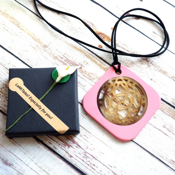 Handmade Natural Horn and Lacquer Yellow and Pink Rhombus Luxury and Unique