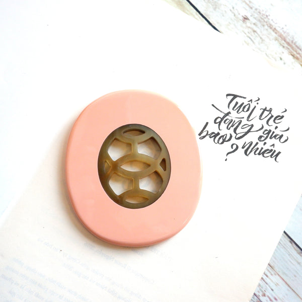 Handmade Natural Horn and Lacquer Light Pink and Brown Oval Luxury and Unique