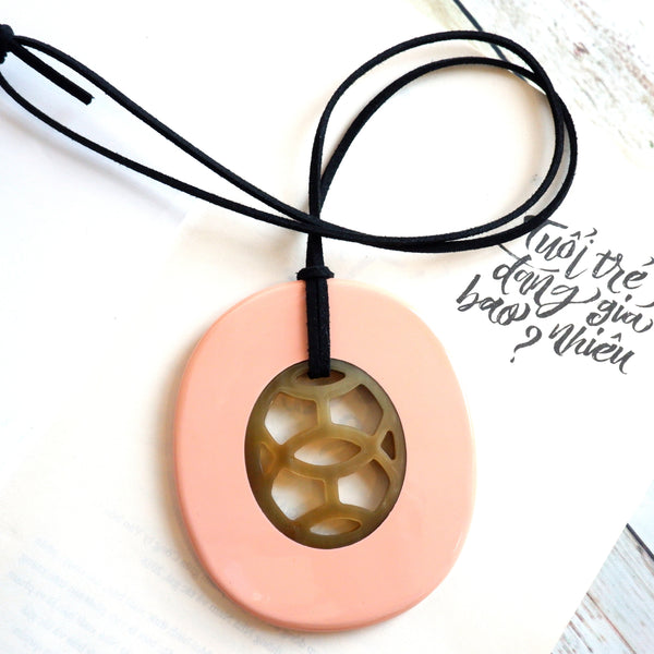 Handmade Natural Horn and Lacquer Light Pink and Brown Oval Luxury and Unique