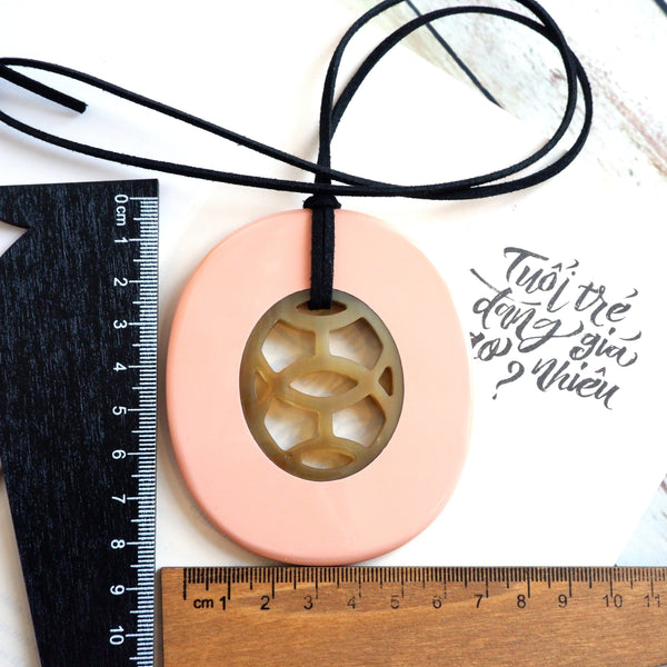 Handmade Natural Horn and Lacquer Light Pink and Brown Oval Luxury and Unique