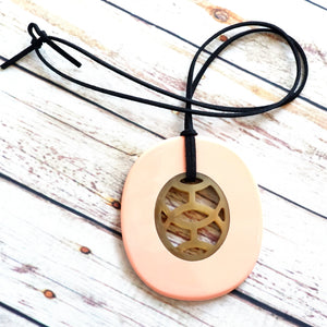 Handmade Natural Horn and Lacquer Light Pink and Brown Oval Luxury and Unique
