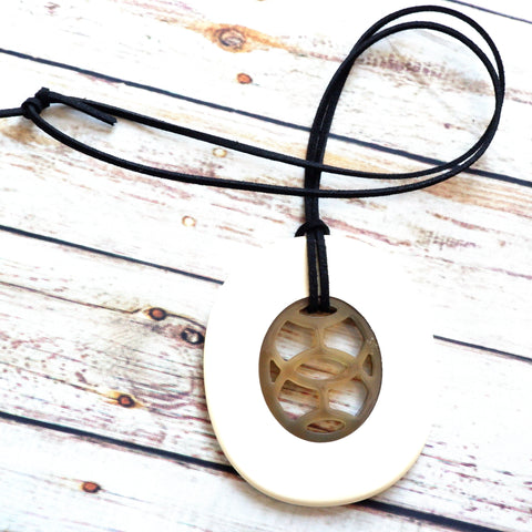 Handmade Natural Horn and Lacquer Light White and Brown Oval Luxury and Unique