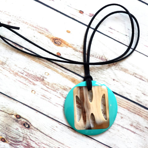 Handmade Natural Horn and Lacquer Turquoise and Light Brown Oval Luxury and Unique