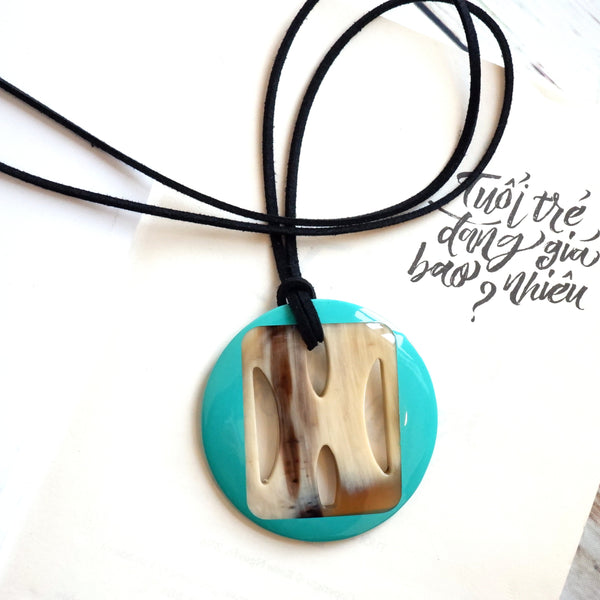 Handmade Natural Horn and Lacquer Turquoise and Light Brown Oval Luxury and Unique
