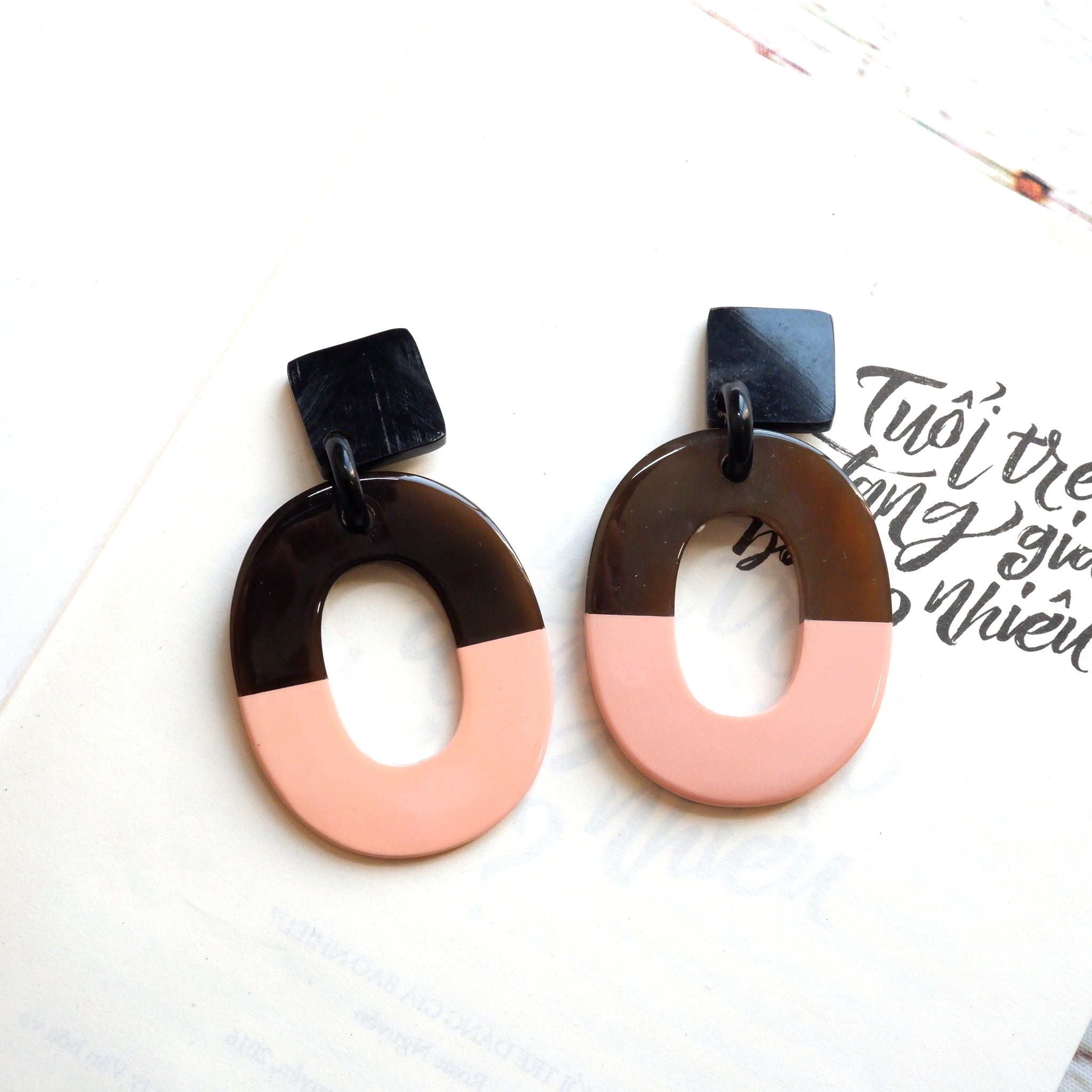 Buffalo Horn Disc Earrings Jewelry Handcraft Boho and Ethnic Earrings Geometric Black and Pink