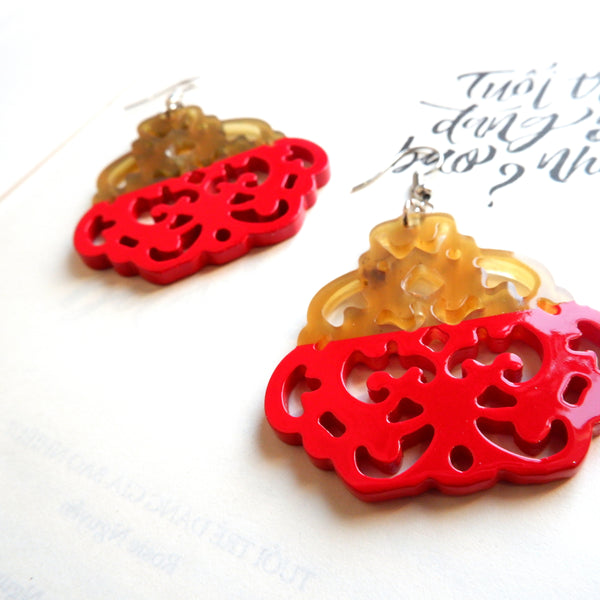 Buffalo Horn Disc Earrings Jewelry Handcraft Boho and Ethnic Earrings Pattern Scarlet and Brown