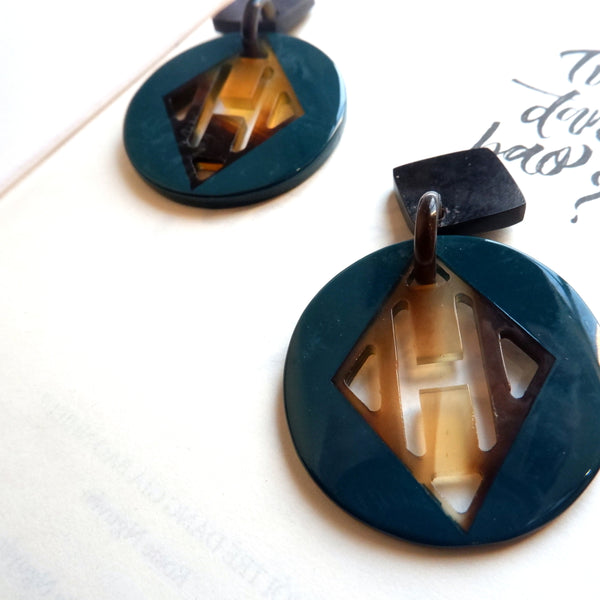 Buffalo Horn Disc Earrings Jewelry Handcraft Boho and Ethnic Earrings Geometry Dark  Turquoise and Brown