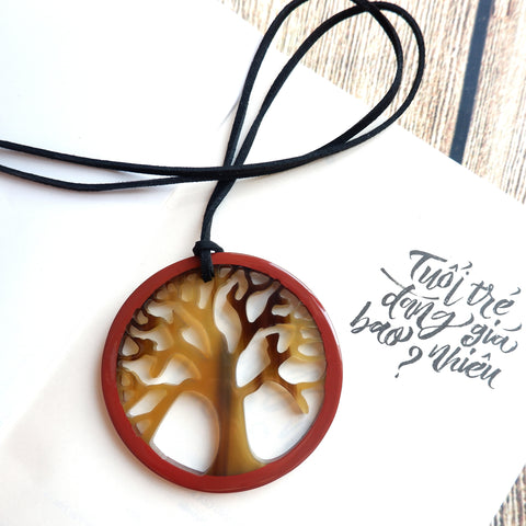 Handmade Natural Horn and Lacquer Brown Tree and Red Round Luxury and Unique