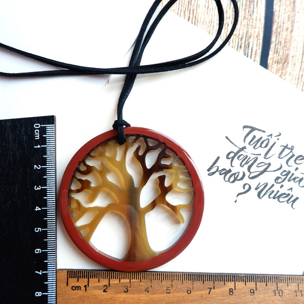 Handmade Natural Horn and Lacquer Brown Tree and Red Round Luxury and Unique