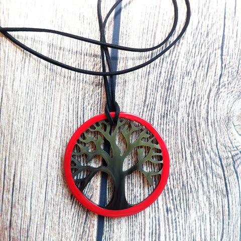 Handmade Natural Horn and Lacquer Dark Brown Tree and Red Round Luxury and Unique