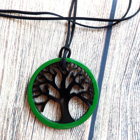 Handmade Natural Horn and Lacquer Black Tree and Green Round Luxury and Unique