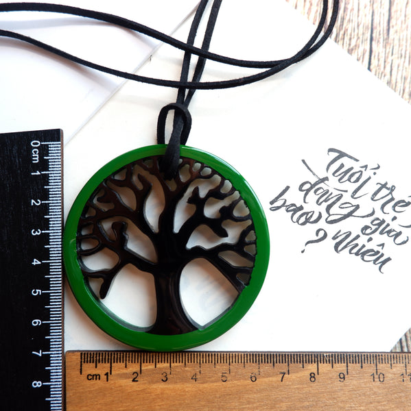 Handmade Natural Horn and Lacquer Black Tree and Green Round Luxury and Unique