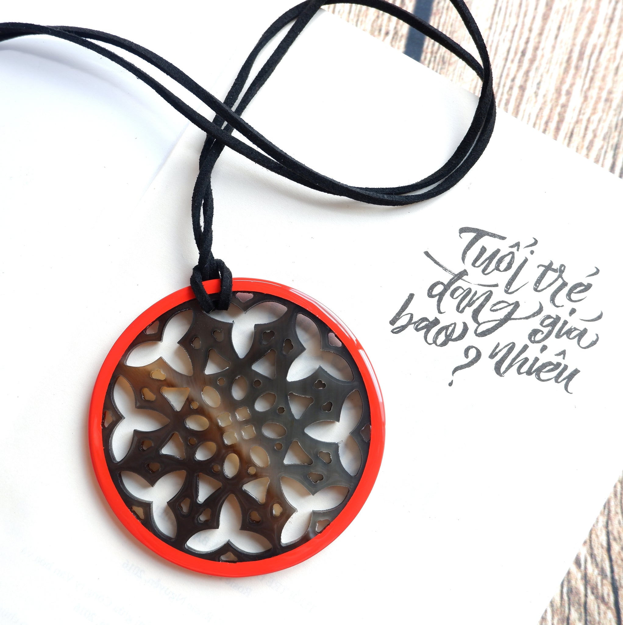Handmade Natural Horn and Lacquer Brown Snowflakes and Red Round Luxury and Unique