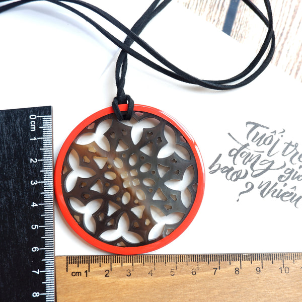 Handmade Natural Horn and Lacquer Brown Snowflakes and Red Round Luxury and Unique