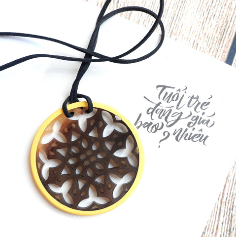 Handmade Natural Horn and Lacquer Brown Snowflakes and Yellow Round Luxury and Unique