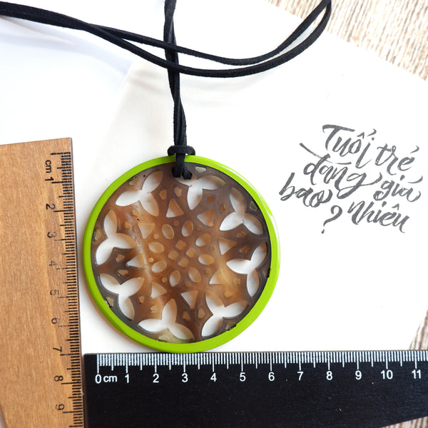 Handmade Natural Horn and Lacquer Brown Snowflakes and Light Green Round Luxury and Unique