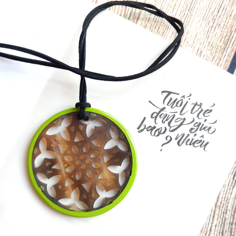 Handmade Natural Horn and Lacquer Brown Snowflakes and Light Green Round Luxury and Unique