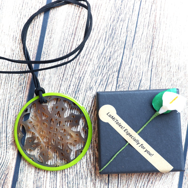 Handmade Natural Horn and Lacquer Brown Snowflakes and Light Green Round Luxury and Unique