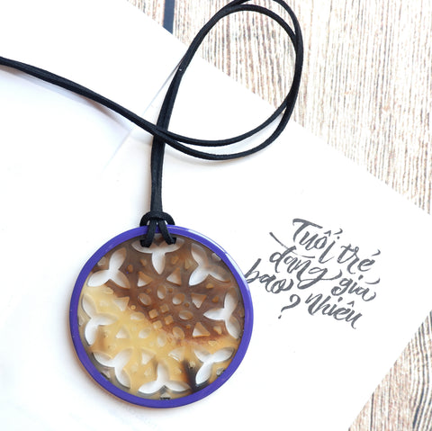 Handmade Natural Horn and Lacquer Brown Snowflakes and Purple Round Luxury and Unique