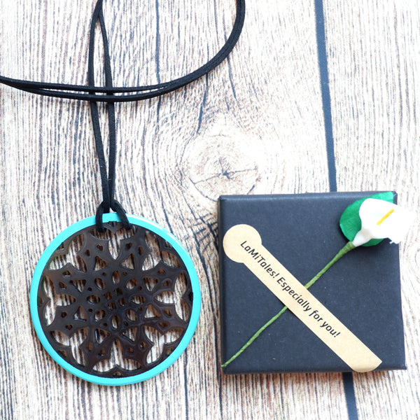 Handmade Natural Horn and Lacquer Black Snowflakes and Turquoise Round Luxury and Unique