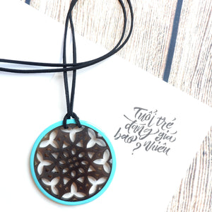 Handmade Natural Horn and Lacquer Black Snowflakes and Turquoise Round Luxury and Unique
